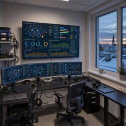 Salle de cybersécurité à Tallinn au crépuscule hivernal, mur d'écrans de schémas réseau et d'alertes