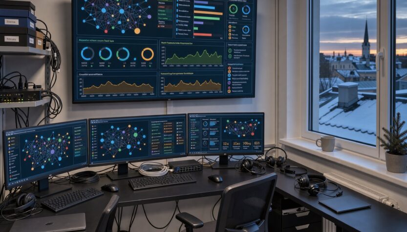 Salle de cybersécurité à Tallinn au crépuscule hivernal, mur d'écrans de schémas réseau et d'alertes